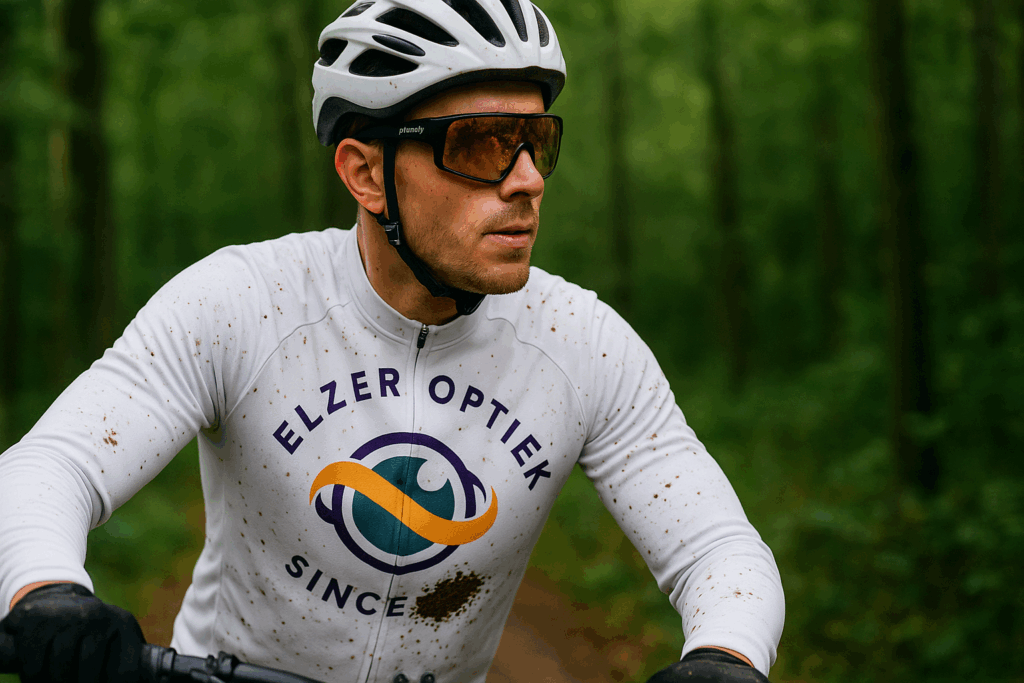 Mountainbiker draagt sportzonnebril, op zijn fiets in het bos