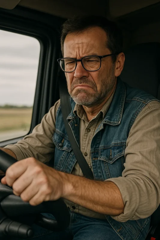 Vrachtwagenchauffeur, met samengeknepen ogen, vanwege slecht binoculair zicht